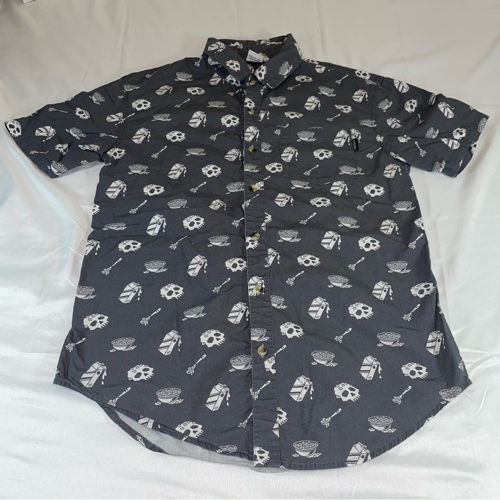 Pyknic Mens Medium Grey Skull Cereal Milk Print‎ Short Sleeve Button Up Shirt
